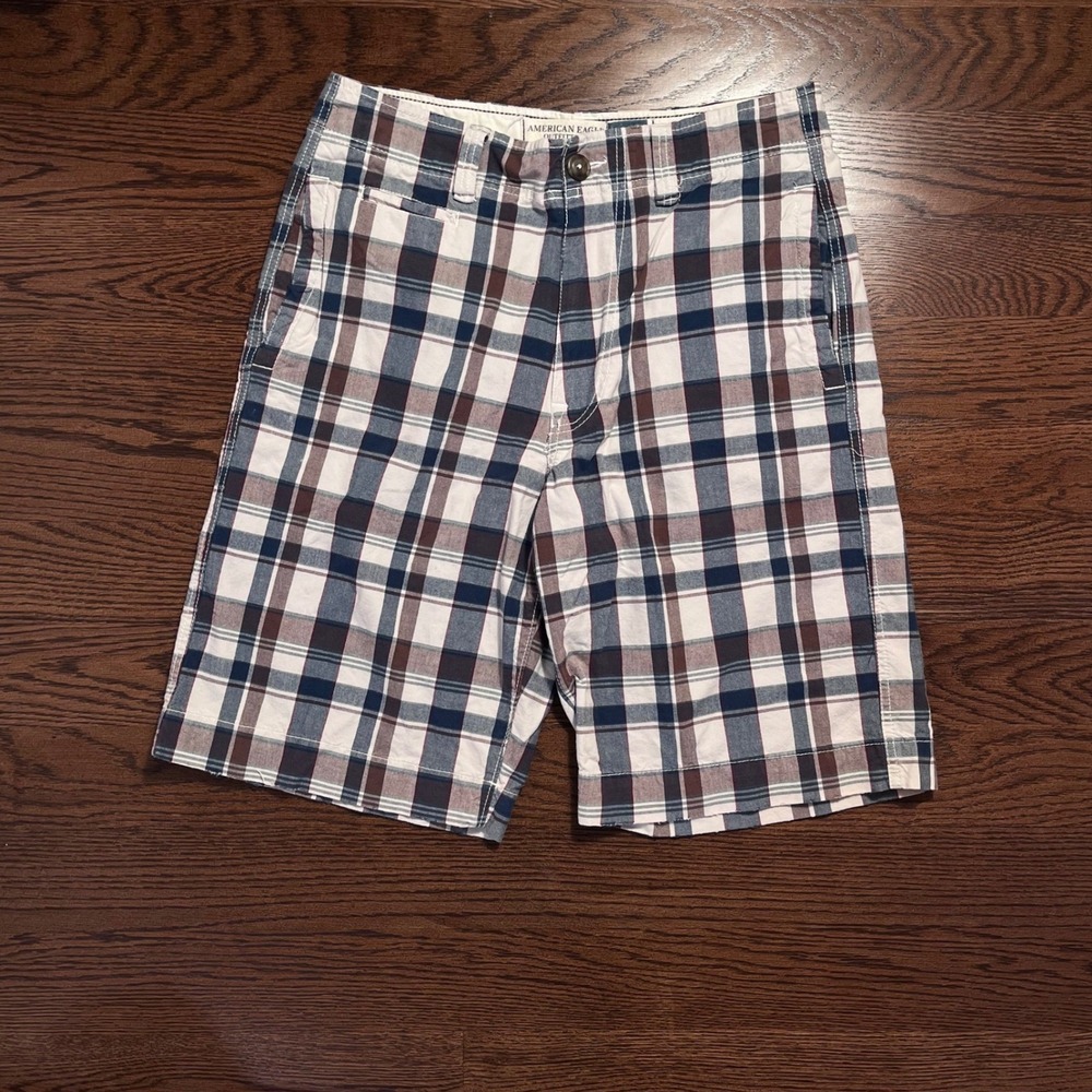 y2k vintage american eagle men's brown & blue plaid cotton baggy shorts size 30